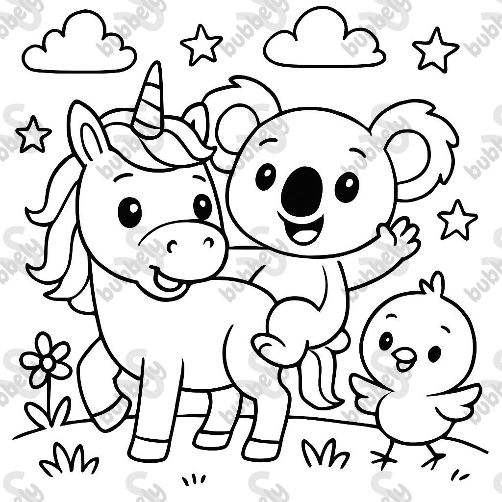 unicornio, koala y pollito