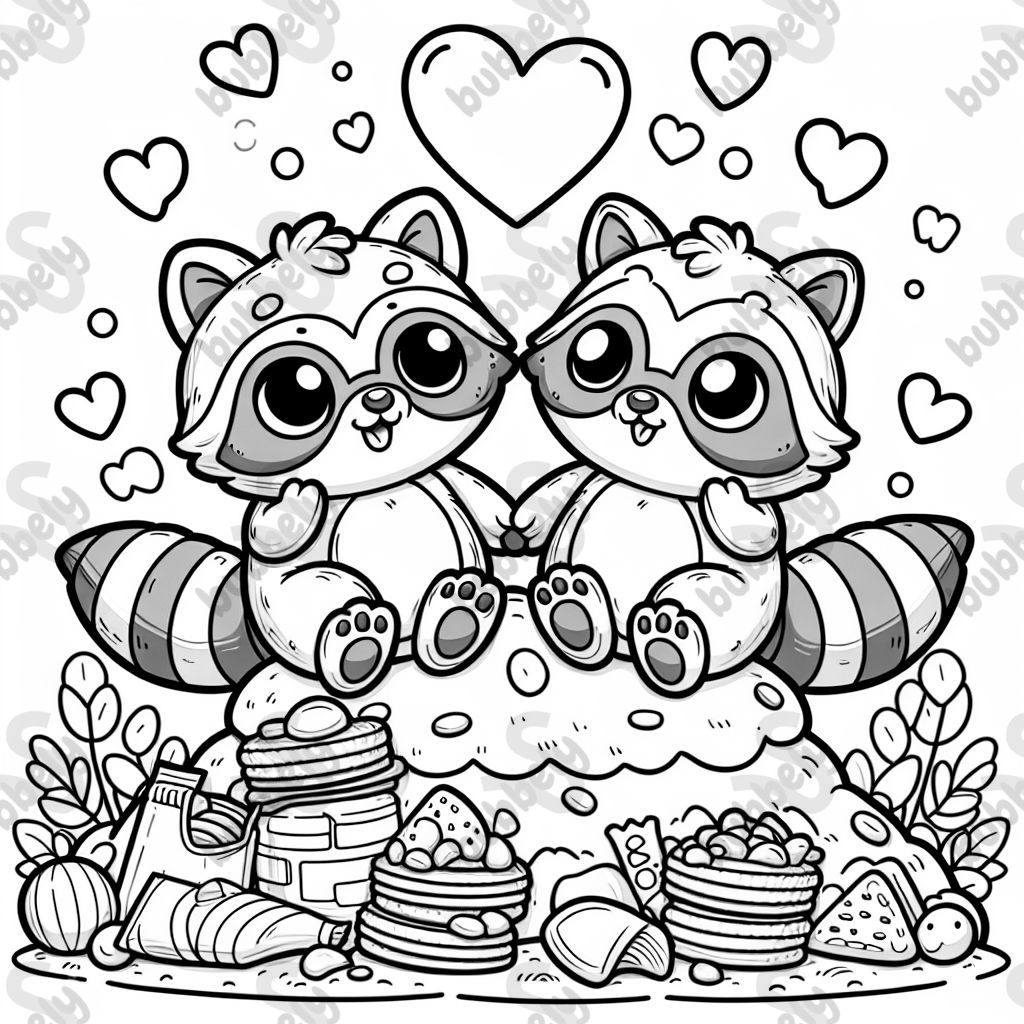 Two cute raccoons on a mountain made of snack in love