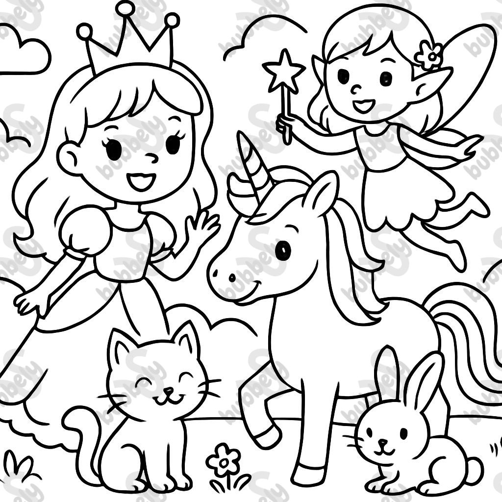 a princess, a fairy, a unicorn, a cat, and a rabbit