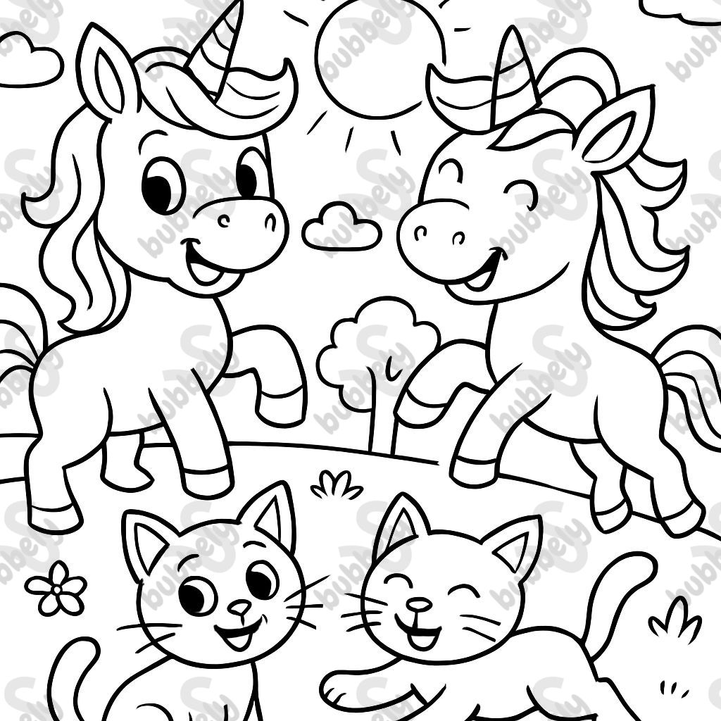 2 unicorns and 2 cats, the figures should not be cut off at the edge 2 unicorns and 2 cats, the figures should not be cut off at the edge