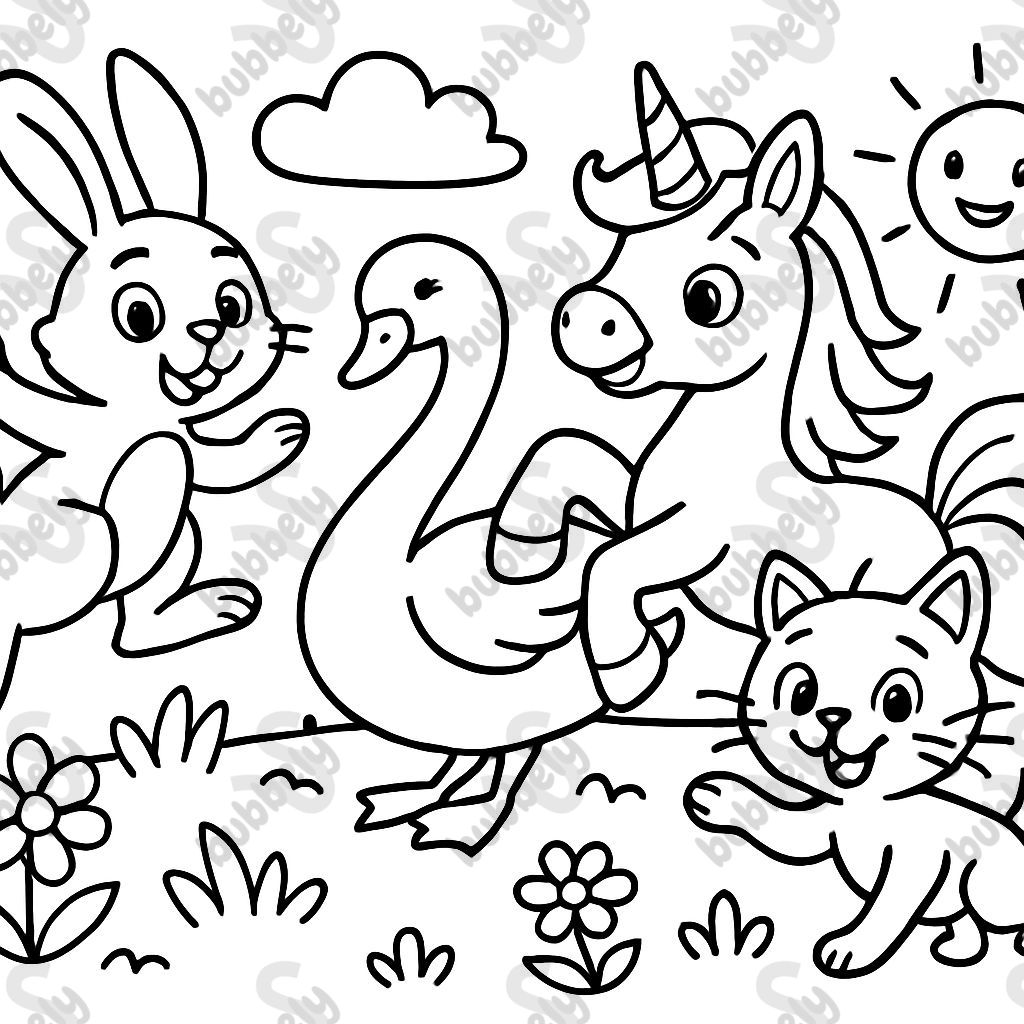 1 hare, 1 swan, 1 unicorn, 1 cat