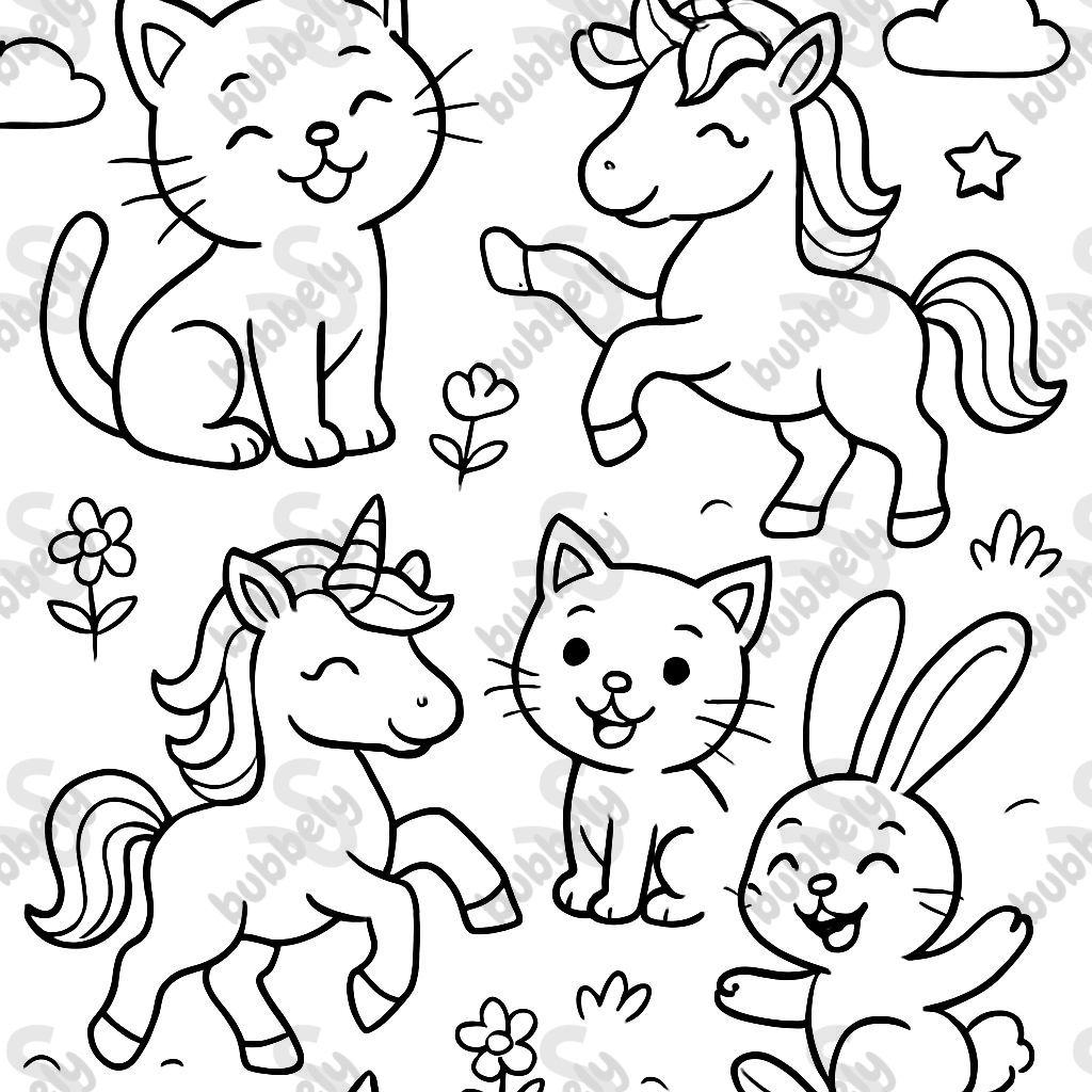 deux chats, deux licornes et deux lapins