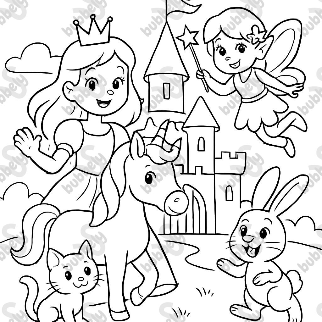 princess, fairy, unicorn, cat, rabbit in a fairytale castle