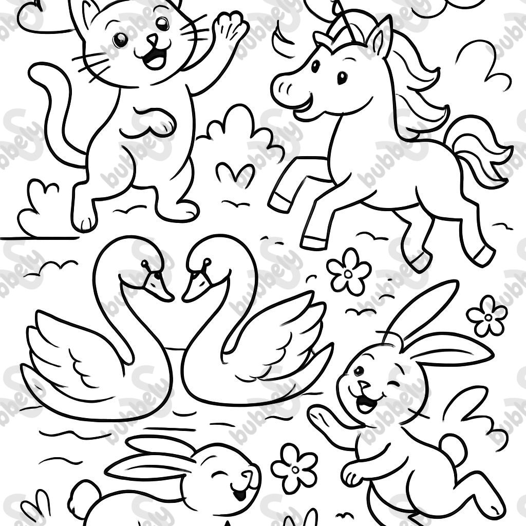 2 chats, 2 cygnes, 2 licornes et 2 lapins