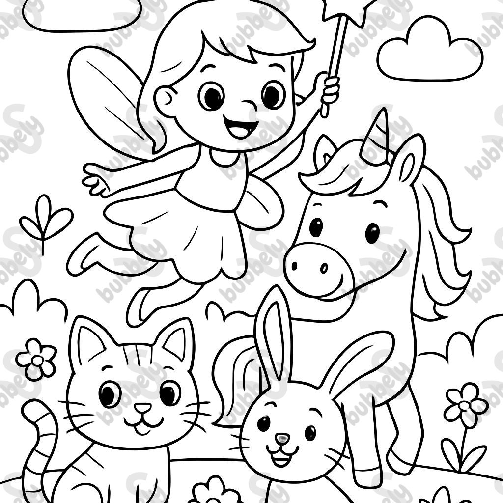 a fairy, a unicorn, a cat, and a bunny