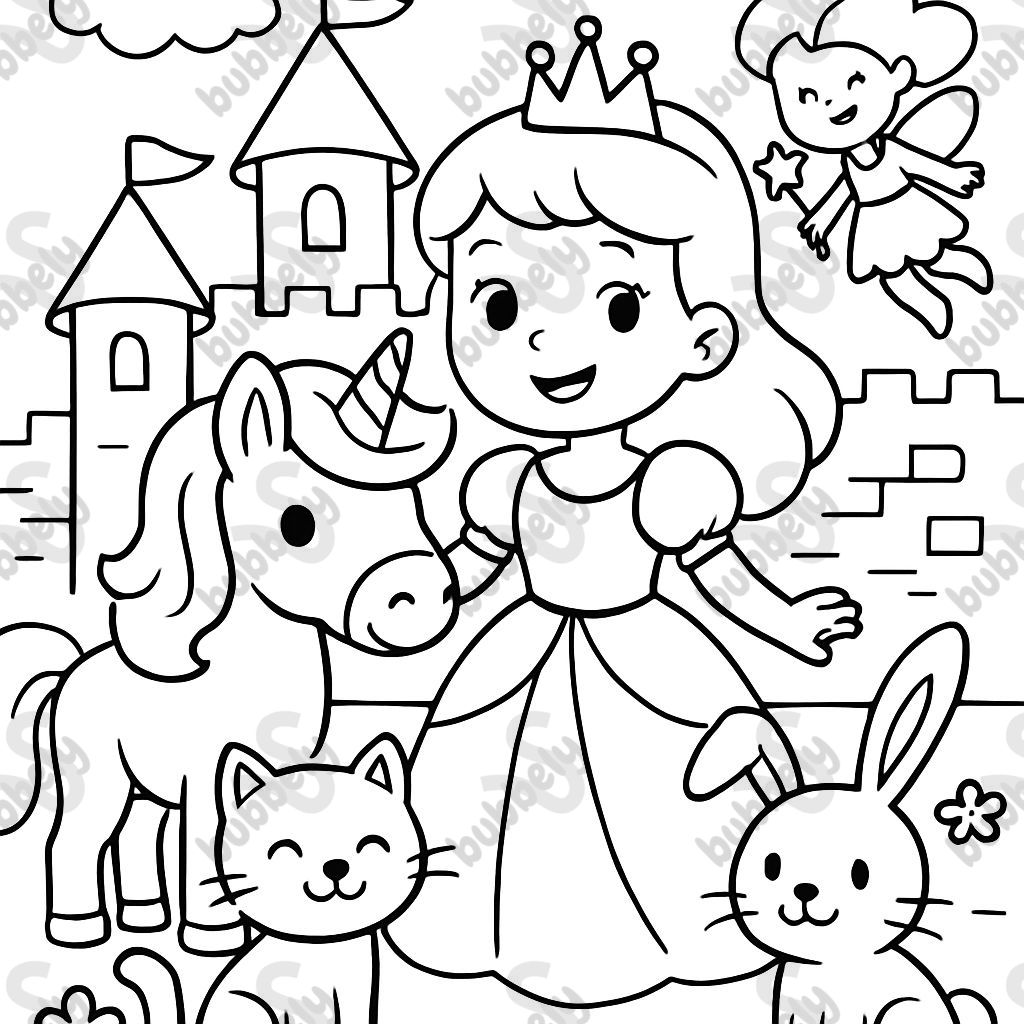 princess, fairy, unicorn, cat and rabbit in a castle