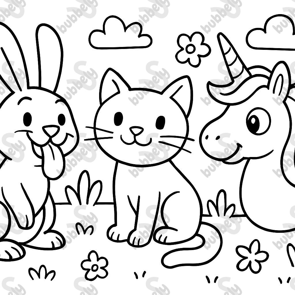 a rabbit sticking out its tongue, a cat with whiskers growing on its nose, and a unicorn without legs