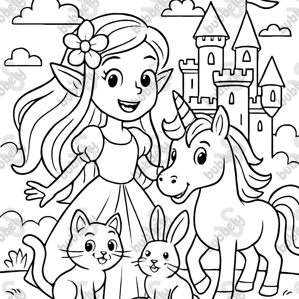 princess, fairy with beautiful long hair with flower in hair, unicorn, cat and bunny in front of a fairytale castle
