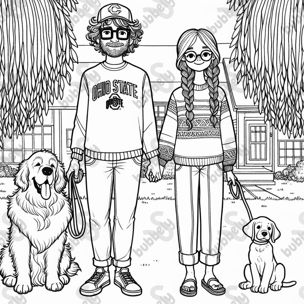 A man with fluffy curly brown hair, with a ball cap on his head, wearing square glasses on his face, wearing an Ohio State long sleeve t-shirt and jeans. A woman with long red-brown hair braided to the side, wearing a cute sweater and jeans with sandals on her feet. A big fluffy golden retriever and a puppy cane corso. Standing outside under a weeping willow tree. In front of a cute little house. A man with fluffy curly brown hair, with a ball cap on his head, wearing square glasses on his face, wearing an Ohio State long sleeve t-shirt and jeans. A woman with long red-brown hair braided to the side, wearing a cute sweater and jeans with sandals on her feet. A big fluffy golden retriever and a puppy cane corso. Standing outside under a weeping willow tree. In front of a cute little house.