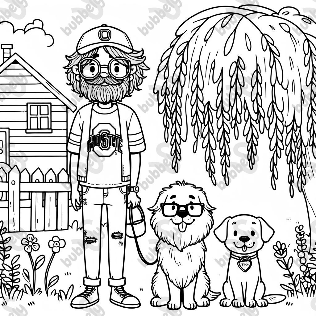 A man with fluffy brown hair, with a ball cap on his head, wearing square glasses on his face, wearing an Ohio State t-shirt and jeans. A woman with long red brown hair braided to the side. Wearing sunglasses on the top of her head, a cute sweater and jeans with sandals on her feet. A big fluffy golden retriever and a puppy cane corso. Standing outside under a weeping willow tree. In front of a cute little house.