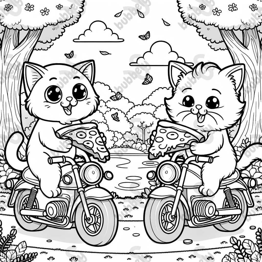 two cats riding motorcycles while eating pizza