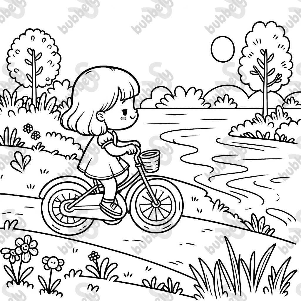 a little girl riding her bike by the river