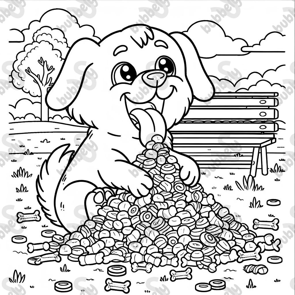 Un chien mangeant une pile de friandises pour chiens.