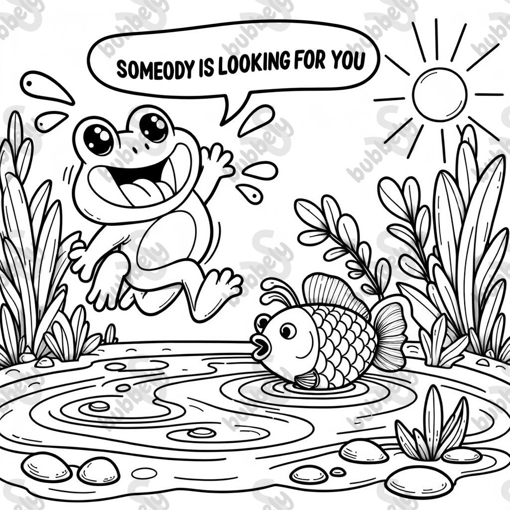 a frog jumping into a pond where a fish says "somebody is looking for you"