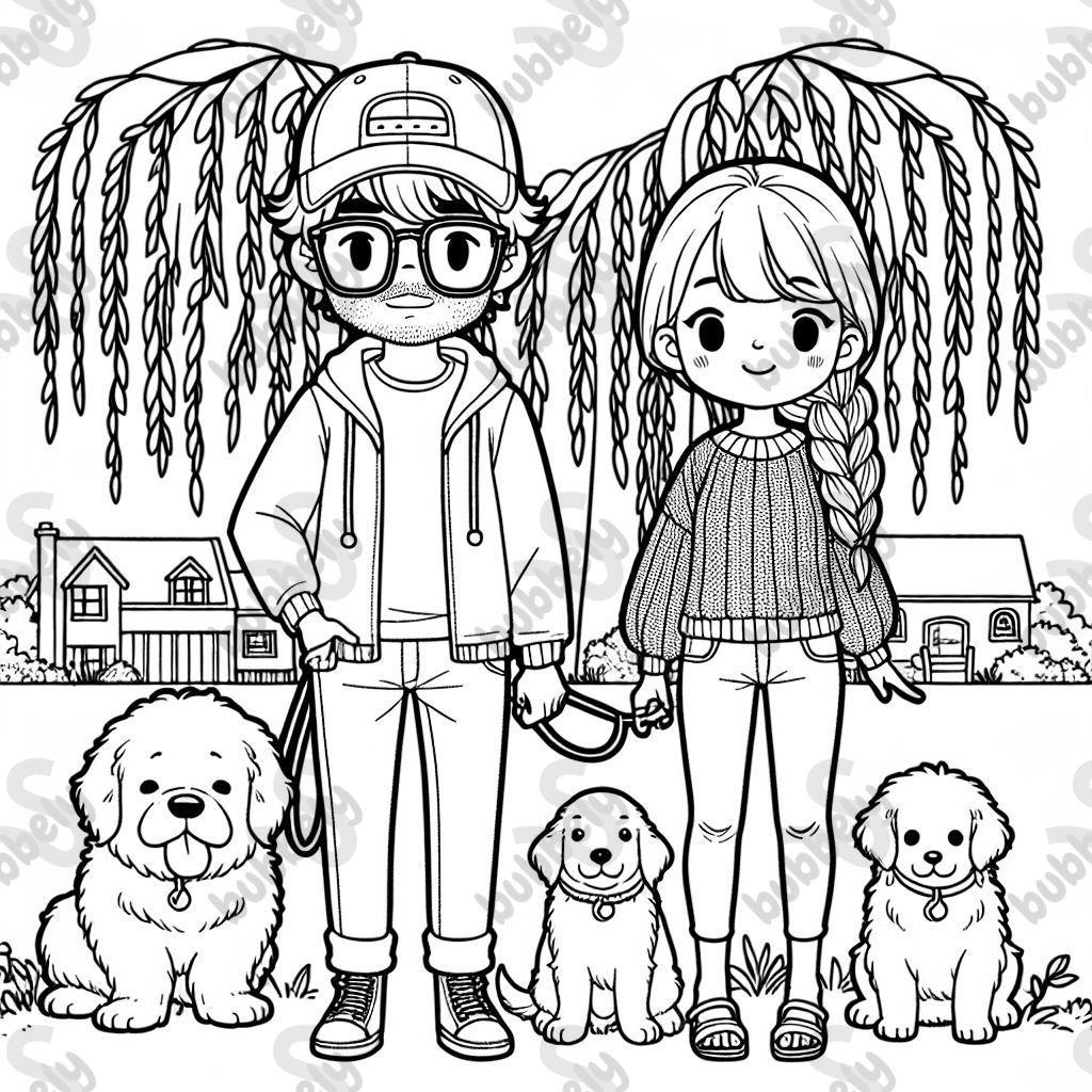 A man with fluffy hair wearing square glasses, a ball cap on his head, and an Ohio State long sleeve tshirt and jeans. A woman with long red brown hair braided down the side wearing a cute sweater and jeans with sandals on her feet. A big fluffy golden retriever and a puppy cane corso. Standing under a weeping willow tree in front of a cute small house.