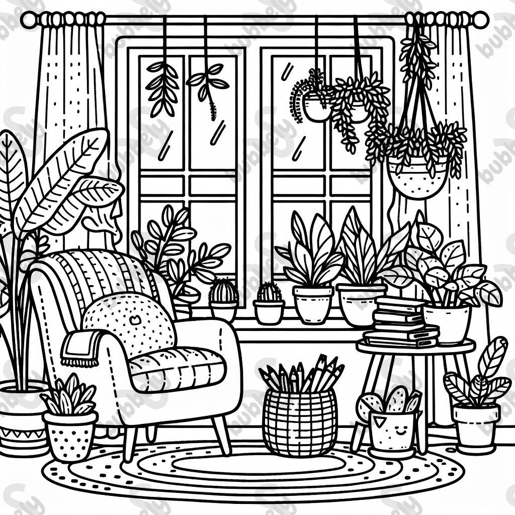 A few plants and decorative items around a comfy bay window