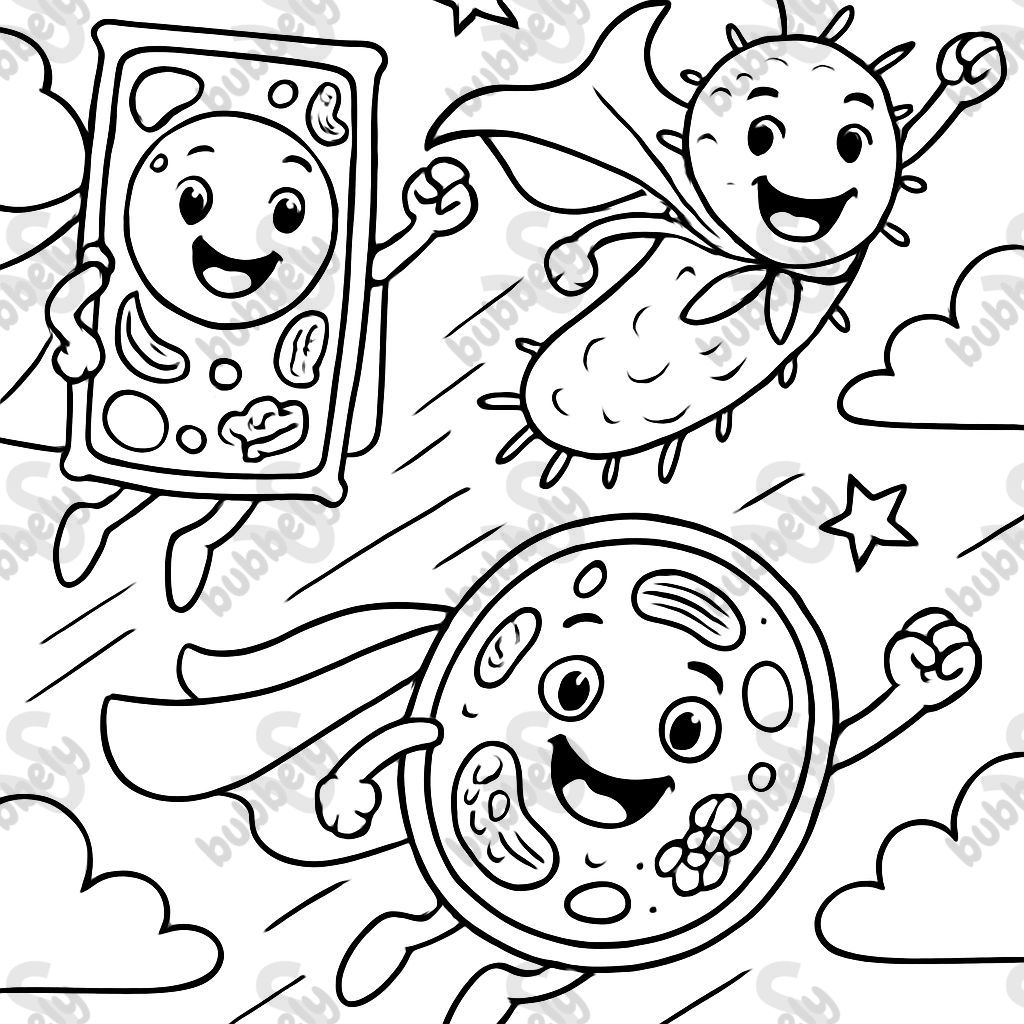Superhero plant, animal and bacterial cells fling with capes.