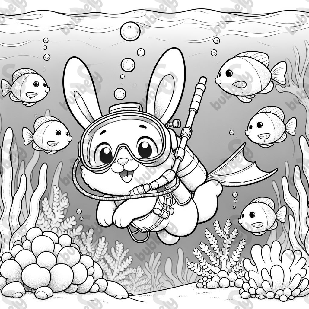 a bunny scuba diving with friendly fish