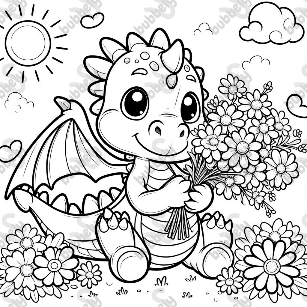 cute dragon holding flowers