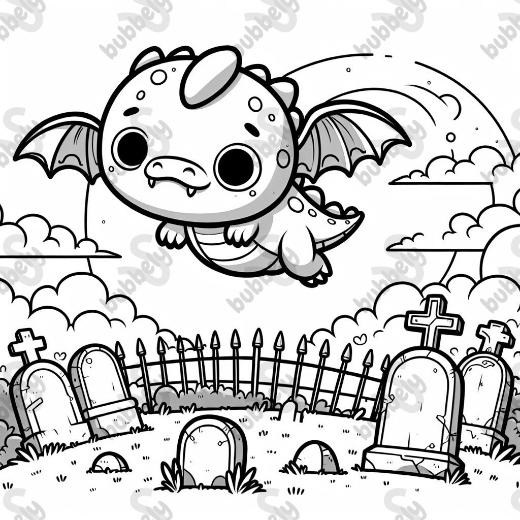 cute dragon flying over graveyard