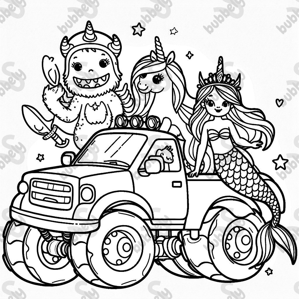 monster truck, mermaid and unicorn