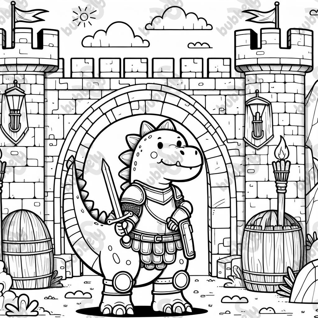 Dino-Ritter mit einem Schwert in einer Burg