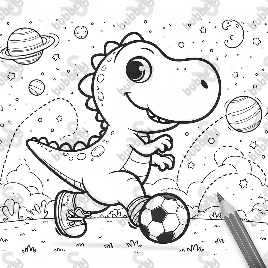 Ein Dino der Fußball spielt im Weltraum 