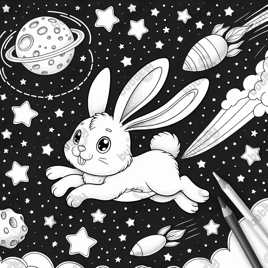 einen Hasen der im Weltraum herum fliegt