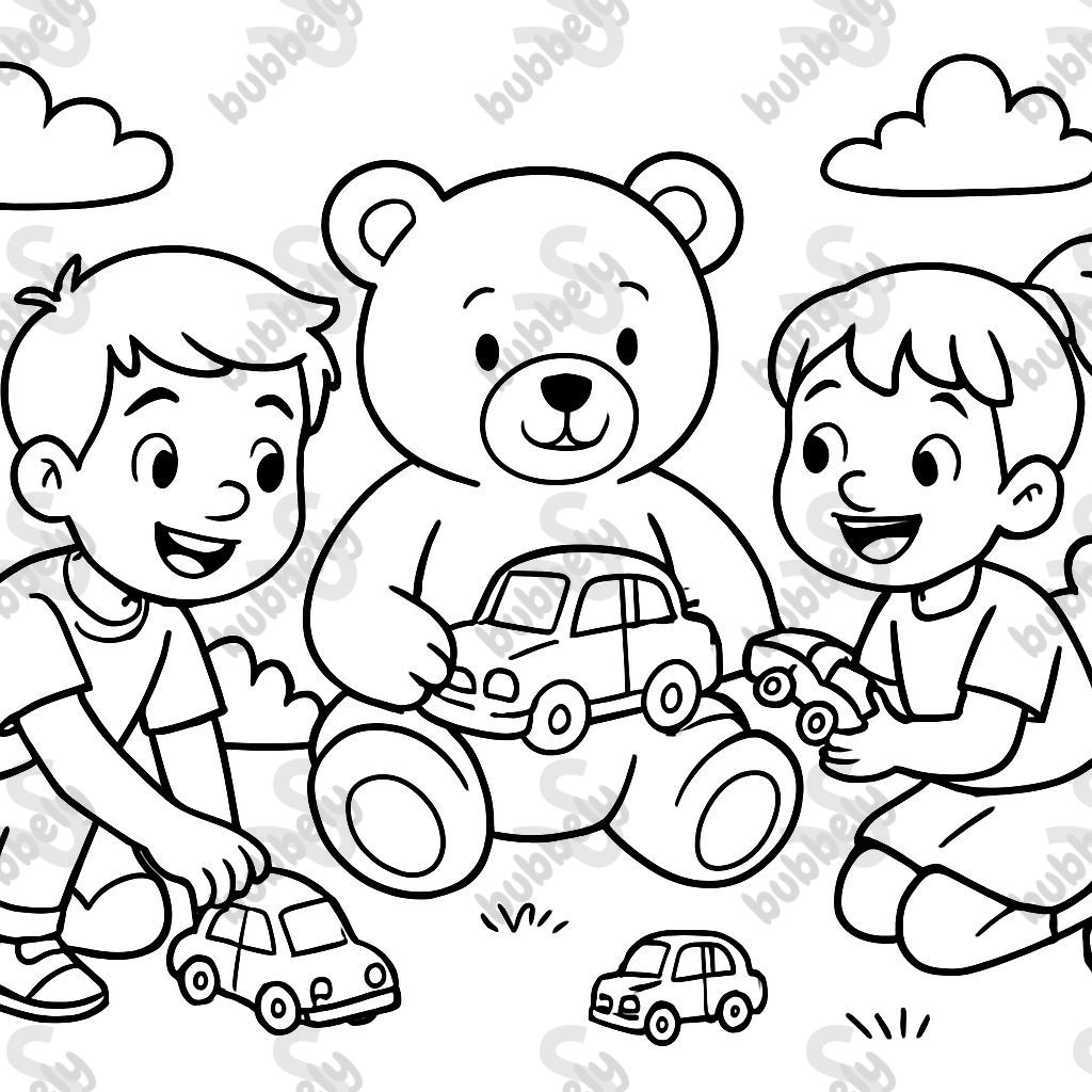 TWO KIDS PLAYING WITH A BEAR AND CARS