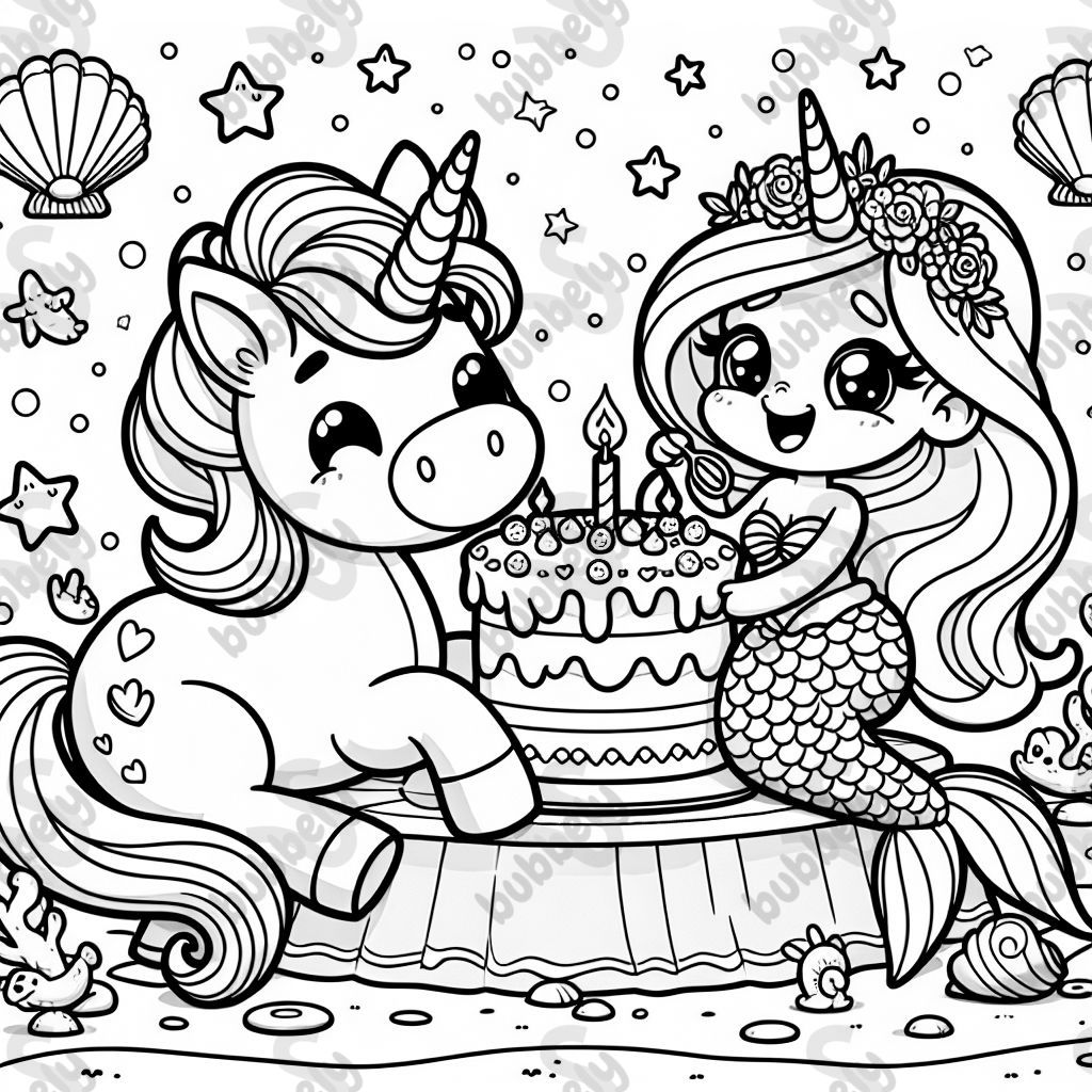 Unicorn eating cake with a mermaid