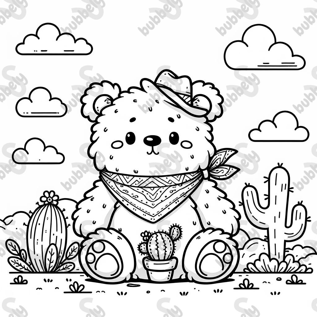 a fluffy white bear with a small image of a cactus on his belly, and a bandanna around his neck
