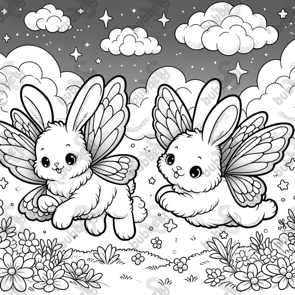 bunnies with butterfly wings with cute clouds and stars in the sky, and simple flowers in grass on the ground