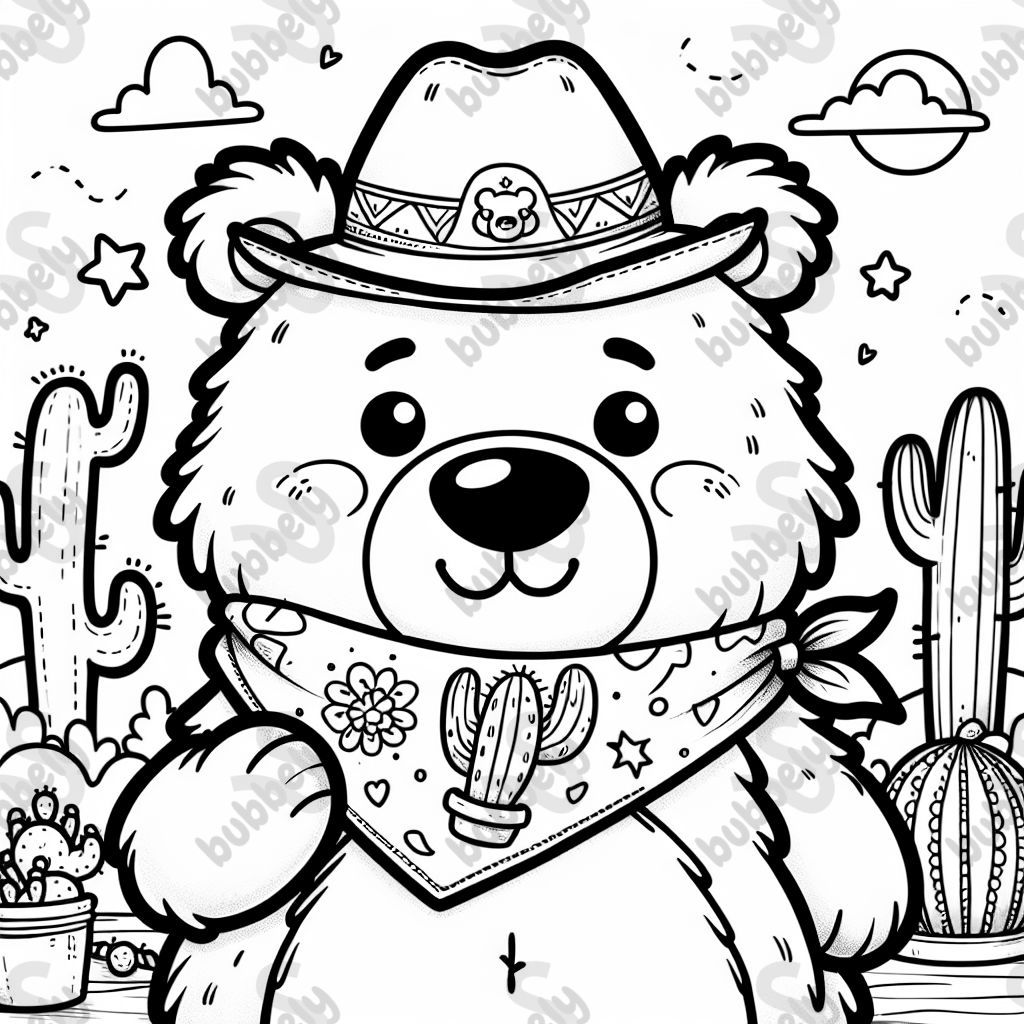 a fluffy white bear with a bandanna around his neck and a cactus tattoo on his belly