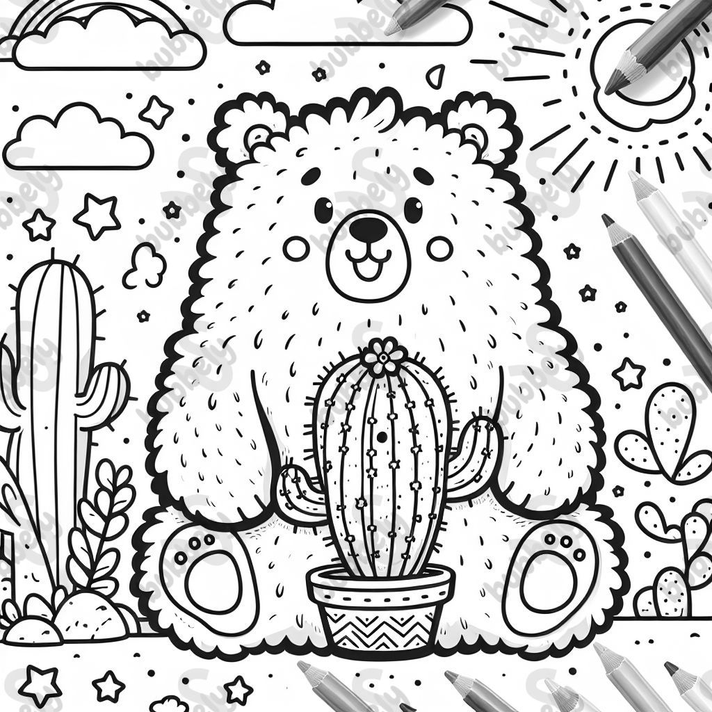 a fluffy white bear with a small image of a cactus on his belly
