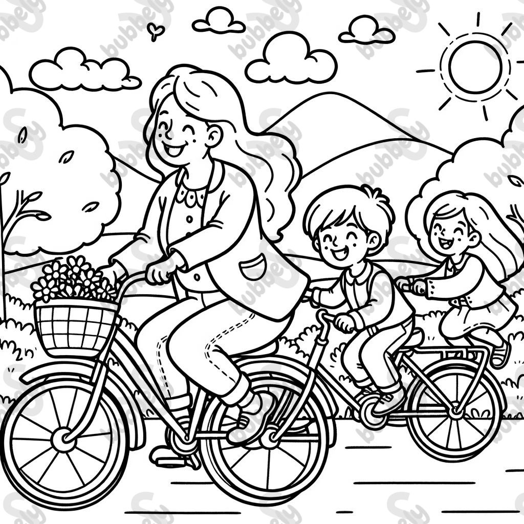 a young grandma with medium-length hair on a bicycle, a little boy on the back. A girl with long hair on her own bicycle