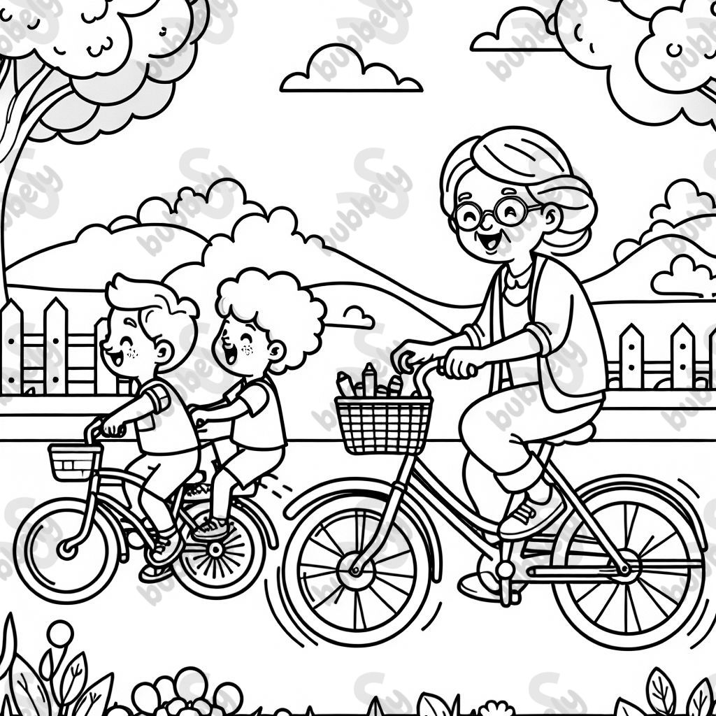 a grandma on a bicycle with a little boy and a big girl