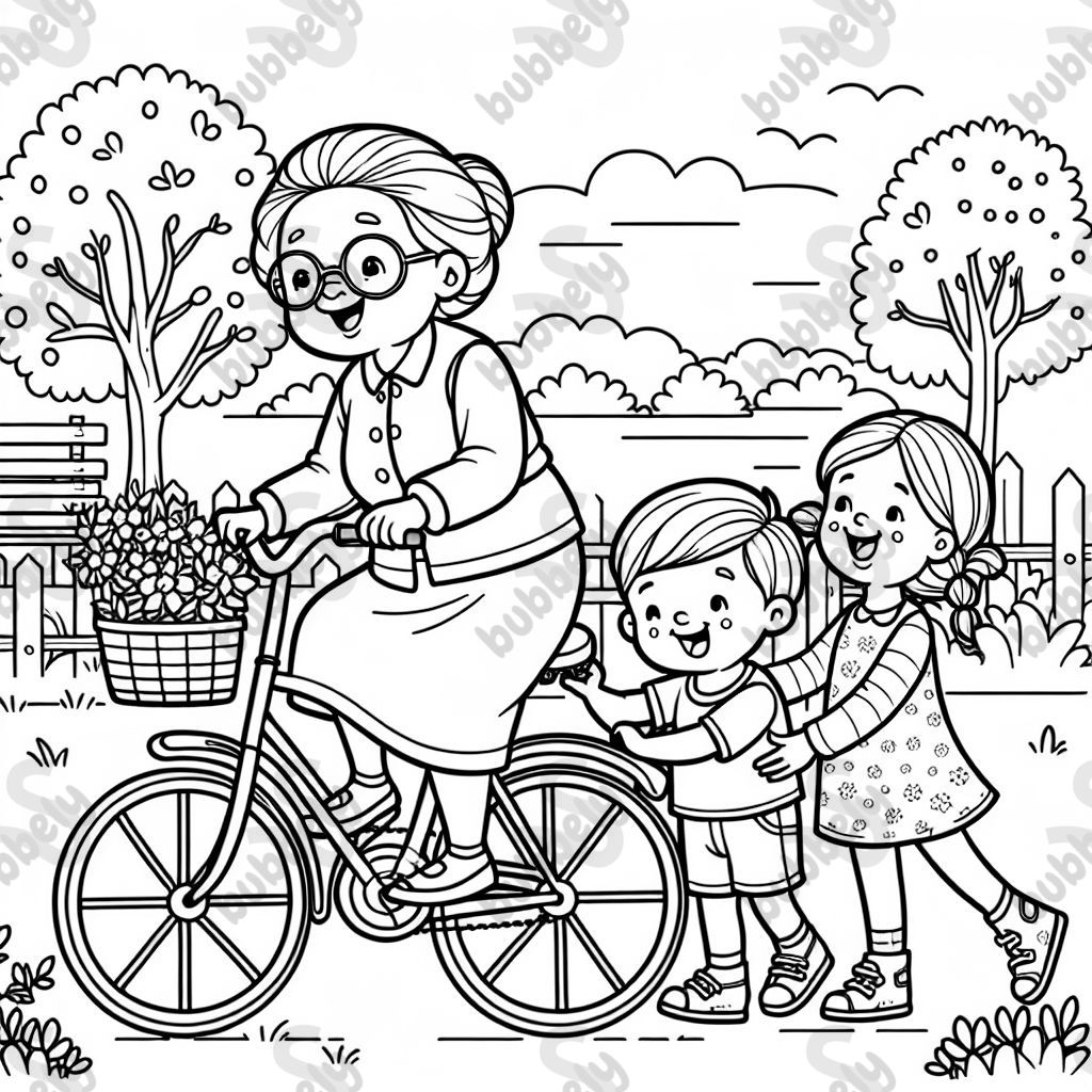Grandma on bicycle, small grandson and tall granddaughter