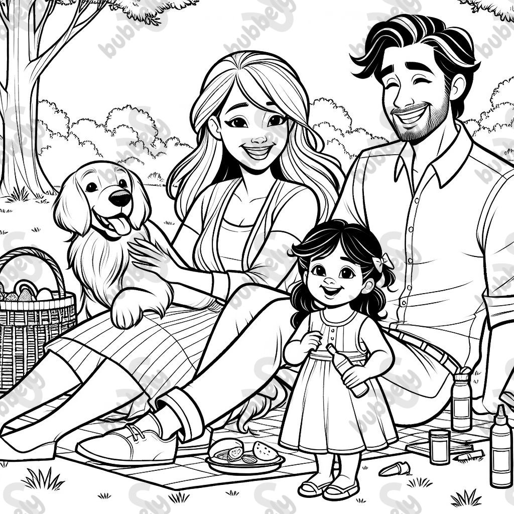 A mom and dad with their toddler girl, a golden retriever dog and a border collie dog