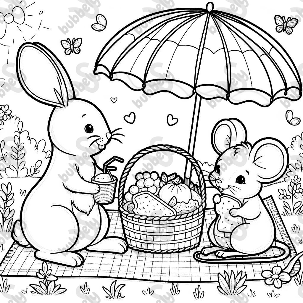 bunny and mouse sharing a picnic basket