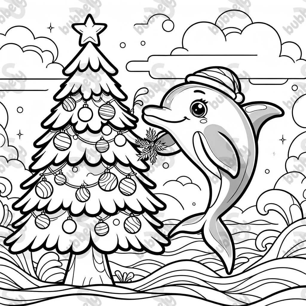 a dolphin decorating a xmas tree with the word Ziyi written underneath