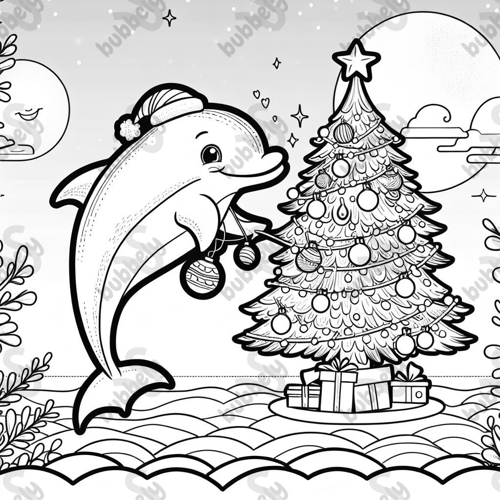 a dolphin decorating a xmas tree with the letters Joshua written underneath the page