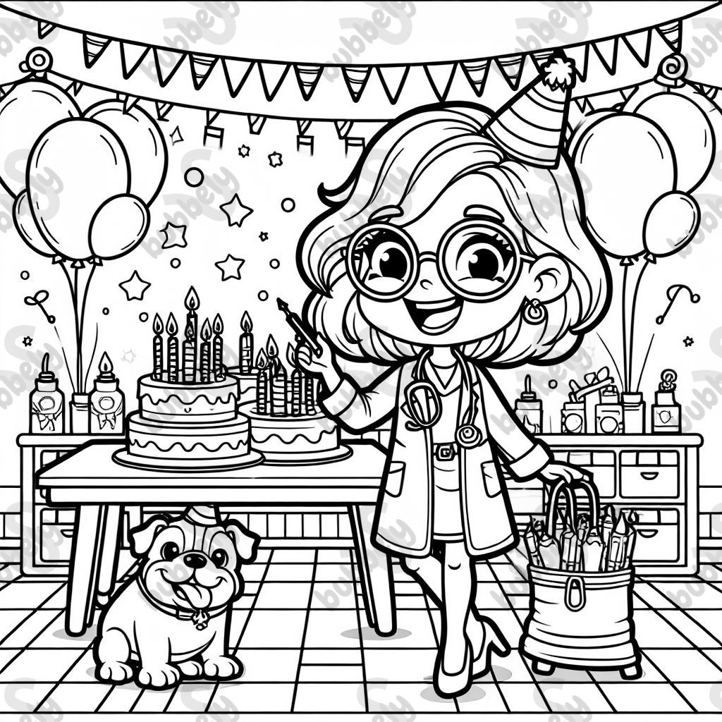 Happy Birthday Dr. Assaf female doctor short hair glasses and bulldog