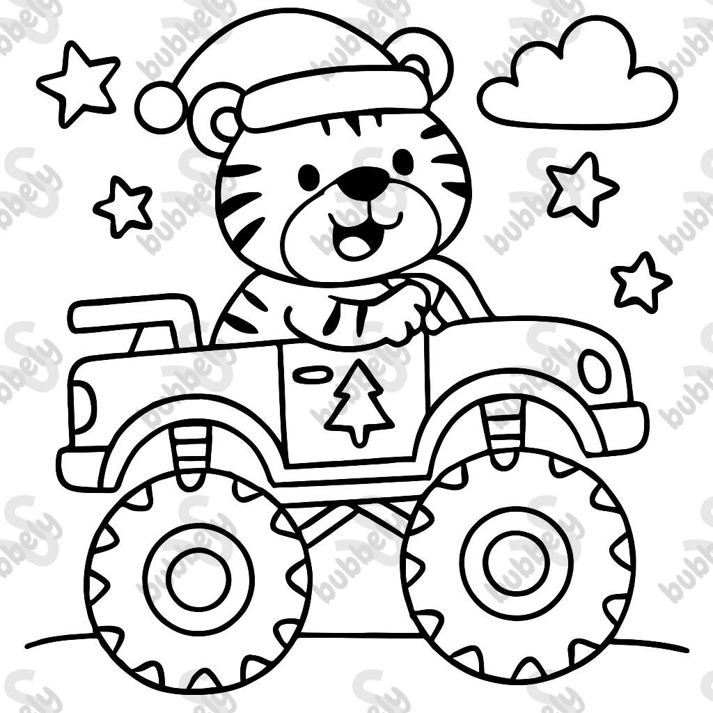 a Christmas tiger in a monster truck