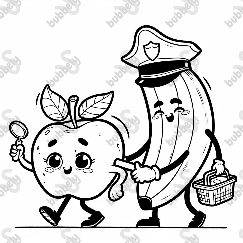 An apple dressed as a cop arresting a banana.