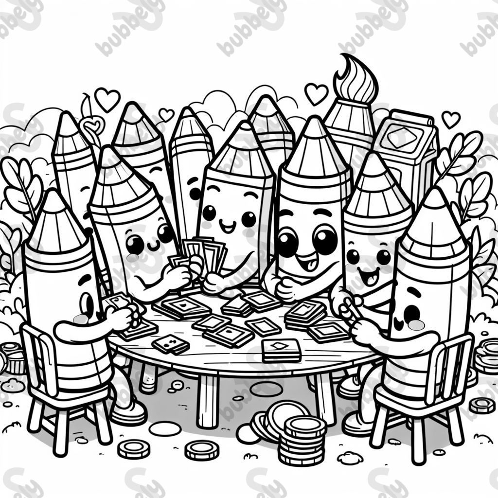 Personified crayons playing poker