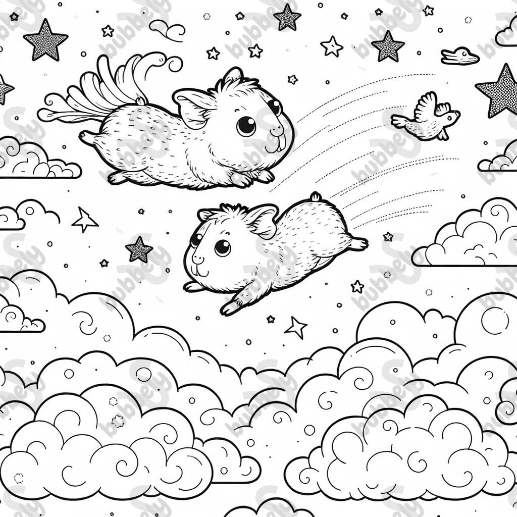 2 guinea pigs flying in the clouds.