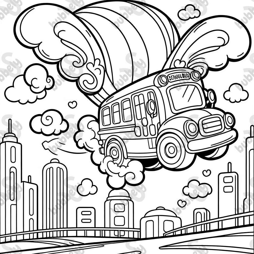 A schoolbus with wings flying in the sky