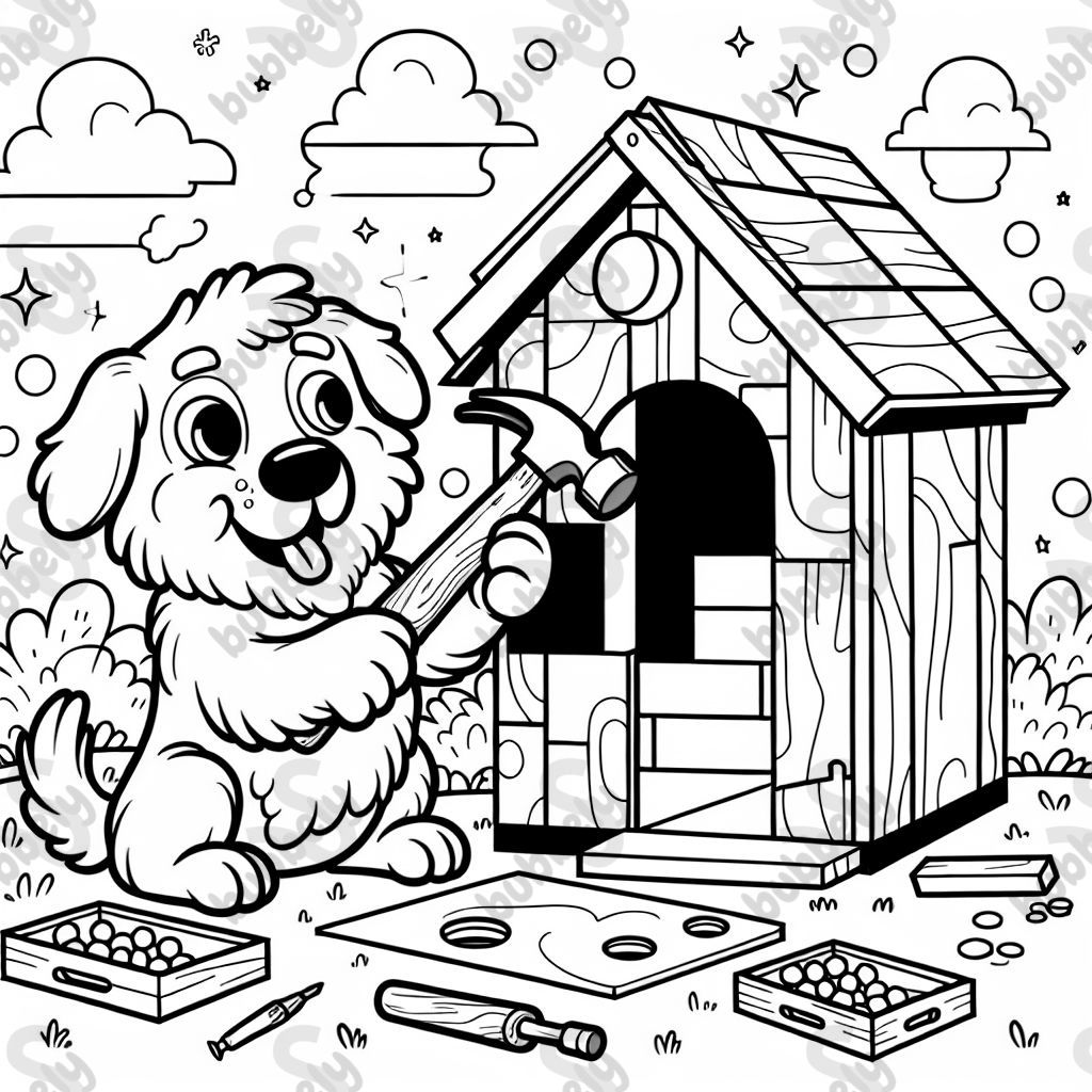 Un chien utilisant un marteau pour construire une niche. Un chien utilisant un marteau pour construire une niche.