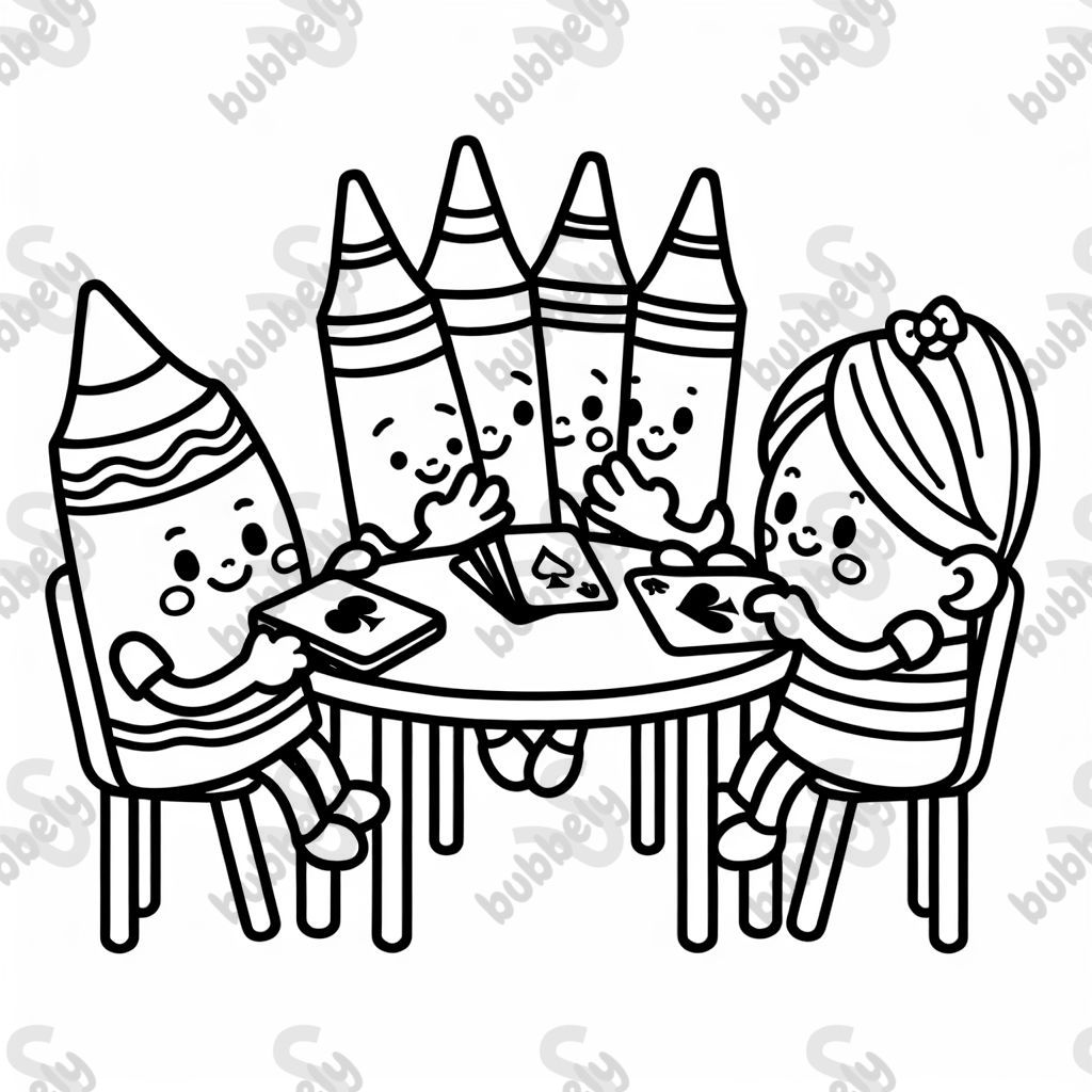 crayons playing cards at a table