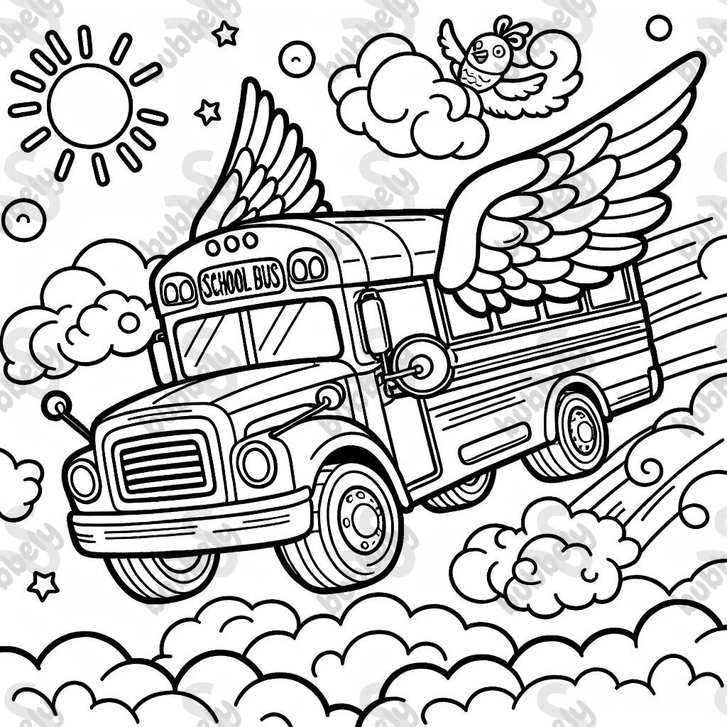 A schoolbus with wings flying in the clouds